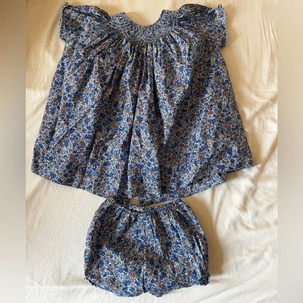 Smocked Floral Blue and White baby Dress